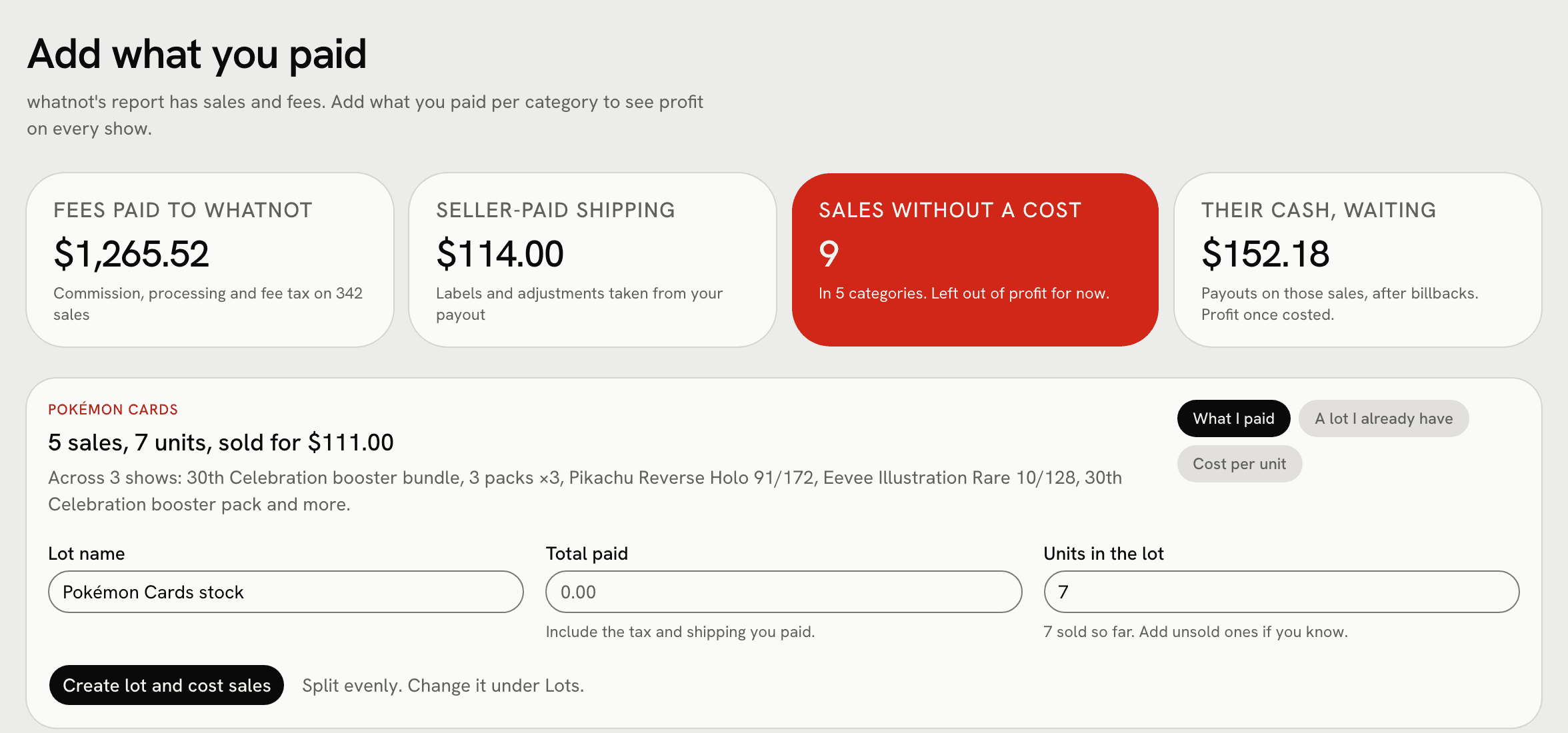 The Add what you paid screen: fees paid, seller-paid shipping, sales still without a cost, and one form for a category's stock.